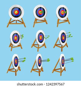 Archery Target with Arrows in Different Positions Set. Bull's eye isolated on blue background. Vector illustration