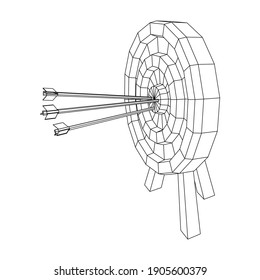 Archery target. Arrows hit round target goal concept. Wireframe low poly mesh vector illustration