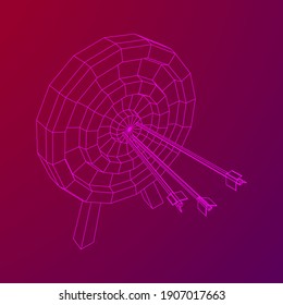 Archery target. Arrows hit round target goal concept. Wireframe low poly mesh vector illustration