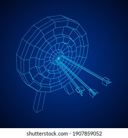 Bogenziel. Die Pfeile treffen das Zielzielkonzept um. Wireframe Low-Poly-Mesh, Vektorgrafik