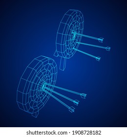 Archery target. Arrows hit round target goal concept. Wireframe low poly mesh vector illustration