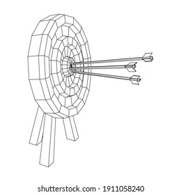 Archery target. Arrows hit round target goal concept. Wireframe low poly mesh vector illustration
