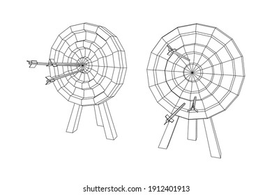 Archery target. Arrows hit round target goal concept. Wireframe low poly mesh vector illustration