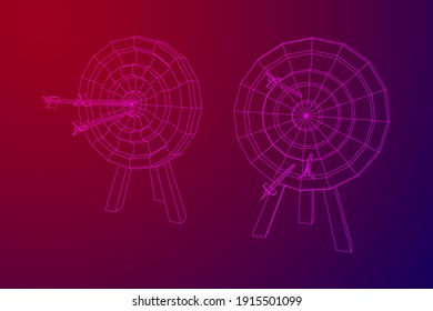 Archery target. Arrows hit round target goal concept. Wireframe low poly mesh vector illustration