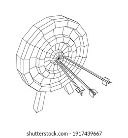 Archery target. Arrows hit round target goal concept. Wireframe low poly mesh vector illustration