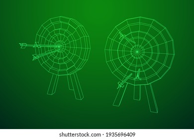 Archery target. Arrows hit round target goal concept. Wireframe low poly mesh vector illustration