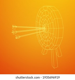 Archery target. Arrows hit round target goal concept. Wireframe low poly mesh vector illustration