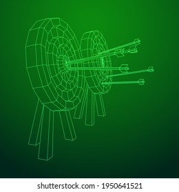 Archery target. Arrows hit round target goal concept. Wireframe low poly mesh vector illustration