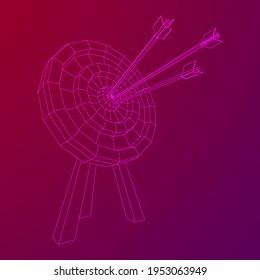 Archery target. Arrows hit round target goal concept. Wireframe low poly mesh vector illustration