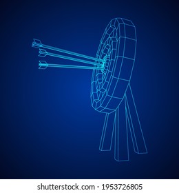 Archery target. Arrows hit round target goal concept. Wireframe low poly mesh vector illustration