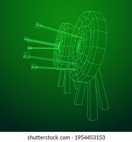 Archery target. Arrows hit round target goal concept. Wireframe low poly mesh vector illustration