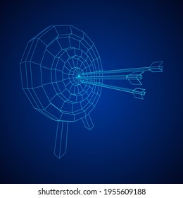 Objetivo del tiro con arco. Las flechas alcanzan el concepto de objetivo de redondeo. Ilustración vectorial de malla baja de malla de alambre