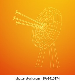 Archery target. Arrows hit round target goal concept. Wireframe low poly mesh vector illustration