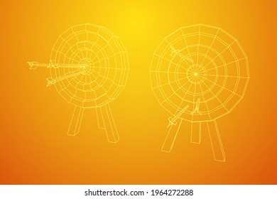 Archery target. Arrows hit round target goal concept. Wireframe low poly mesh vector illustration