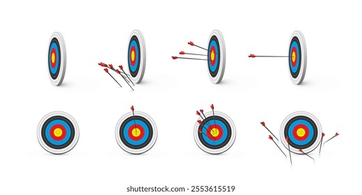 Archery target with arrows set, front and side view vector illustration. Realistic isolated dartboard collection with arrows in bullseye center, archers darts hit or miss circle boards.