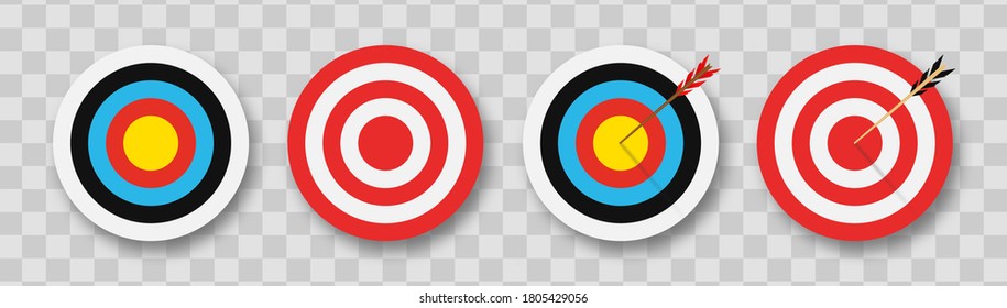 Archery target with arrows. Set of targets at transparent background with shadow. Concept of archery or reaching the goal in business. Vector illustration.