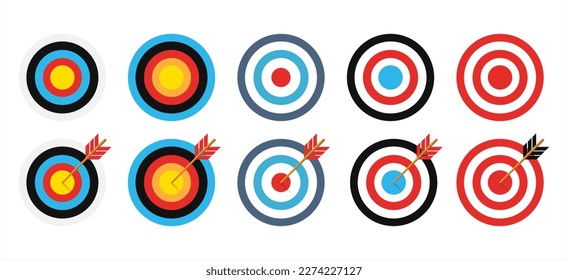 Archery target with arrows. Set of targets at transparent background with shadow. Concept of archery or reaching the goal in business. Vector illustration 10 eps.
