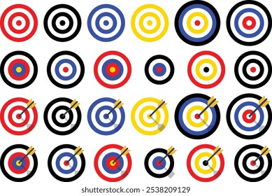 Coleção de alvos do Tiro com Arco com seta. Sight Crosshairs Bullseye ícone de dartboard. Ícone de destino de destino comercial. Seta Alvo mirando em azul, vermelho, preto e amarelo. 