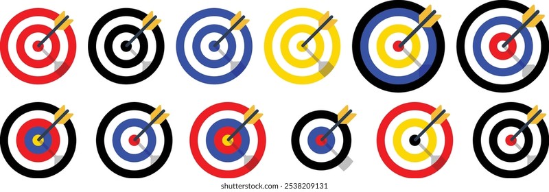 Coleção de alvos do Tiro com Arco com seta. Sight Crosshairs Bullseye ícone de dartboard. Ícone de destino de destino comercial. Seta Alvo mirando em azul, vermelho, preto e amarelo. 