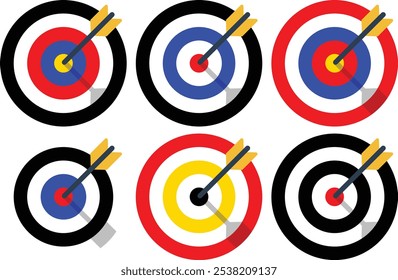 Archery target collection with arrow. Sight Crosshairs Bullseye dartboard icon. Business target destination icon. Arrow Target aiming in blue, red, Black and yellow. 