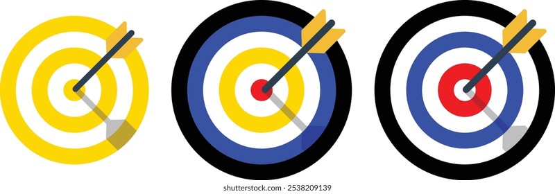 Archery target collection with arrow. Sight Crosshairs Bullseye dartboard icon. Business target destination icon. Arrow Target aiming in blue, red, Black and yellow. 