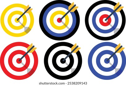 Archery target collection with arrow. Sight Crosshairs Bullseye dartboard icon. Business target destination icon. Arrow Target aiming in blue, red, Black and yellow. 