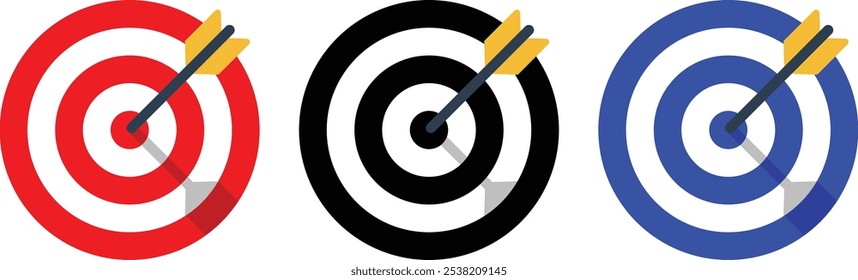 Coleção de alvos do Tiro com Arco com seta. Sight Crosshairs Bullseye ícone de dartboard. Ícone de destino de destino comercial. Seta Alvo mirando em azul, vermelho, preto e amarelo. 