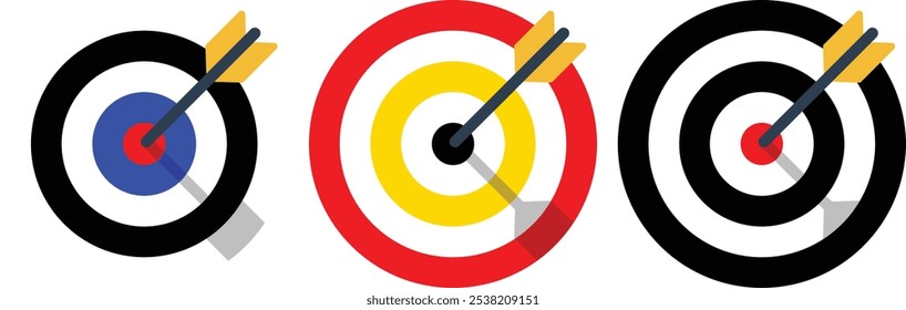 Coleção de alvos do Tiro com Arco com seta. Sight Crosshairs Bullseye ícone de dartboard. Ícone de destino de destino comercial. Seta Alvo mirando em azul, vermelho, preto e amarelo. 