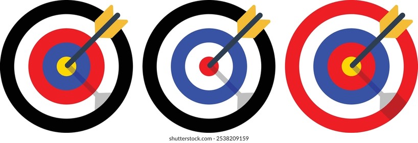 Archery target collection with arrow. Sight Crosshairs Bullseye dartboard icon. Business target destination icon. Arrow Target aiming in blue, red, Black and yellow. 