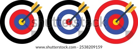 Archery target collection with arrow. Sight Crosshairs Bullseye dartboard icon. Business target destination icon. Arrow Target aiming in blue, red, Black and yellow. 