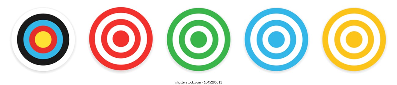 Archery Target Collection. Isolated Bullseye Dartboard On White Background. Success Symbol For Business Competition. Aim Center. Target Aiming In Blue, Red, Green And Yellow. Vector EPS 10