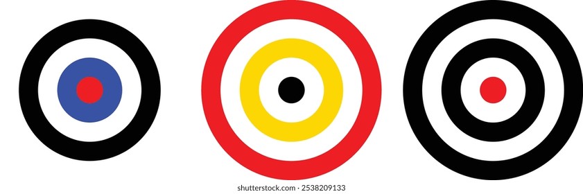 Coleção alvo de tiro com arco. Sight Crosshairs Bullseye ícone de dartboard. Ícone de destino de destino comercial. Alvo apontando em azul, vermelho, preto e amarelo. 