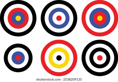 Archery target collection. Sight Crosshairs Bullseye dartboard icon. Business target destination icon. Target aiming in blue, red, Black and yellow. 