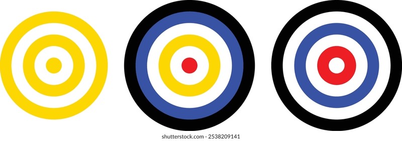 Coleção alvo de tiro com arco. Sight Crosshairs Bullseye ícone de dartboard. Ícone de destino de destino comercial. Alvo apontando em azul, vermelho, preto e amarelo. 