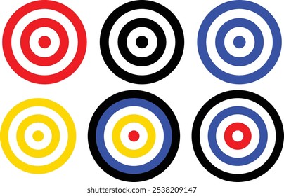 Coleção alvo de tiro com arco. Sight Crosshairs Bullseye ícone de dartboard. Ícone de destino de destino comercial. Alvo apontando em azul, vermelho, preto e amarelo. 