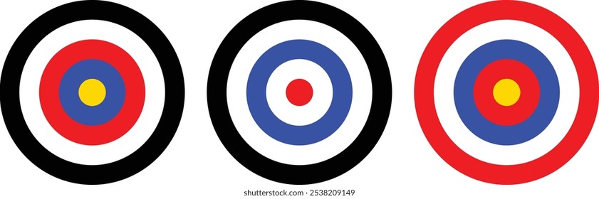 Coleção alvo de tiro com arco. Sight Crosshairs Bullseye ícone de dartboard. Ícone de destino de destino comercial. Alvo apontando em azul, vermelho, preto e amarelo. 