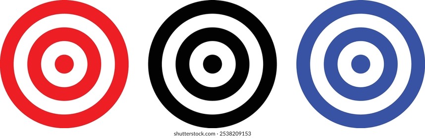 Coleção alvo de tiro com arco. Sight Crosshairs Bullseye ícone de dartboard. Ícone de destino de destino comercial. Alvo apontando em azul, vermelho, preto e amarelo. 