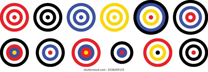 Archery target collection. Sight Crosshairs Bullseye dartboard icon. Business target destination icon. Target aiming in blue, red, Black and yellow. 