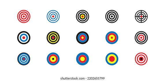 Archery target colored icons set. Business success. Flat design. Sport sign. Goal concept. Vector illustration