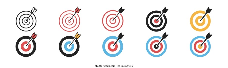 Archery target icon set. Target goal signs. Arrows hitting the center of target