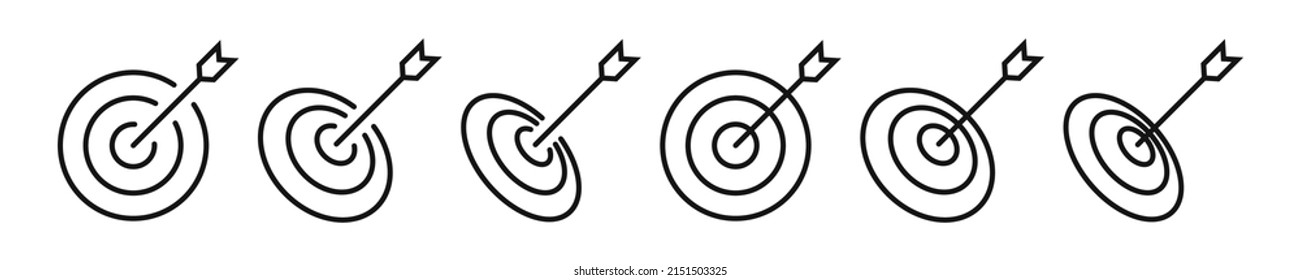 Objetivo del tiro con arco. Iconos de tiro con arco en estilo plano lineal. Juego de iconos de vectores de destino de tiro con arco con nitidez. Icono de destino aislado. Lograr el concepto de objetivo. EPS vectorial 10