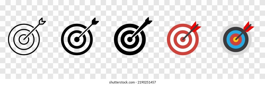 Archery target icons. Set of targets at transparent background. Concept of archery or reaching the goal in business. Design for web and mobile app. Vector illustration.