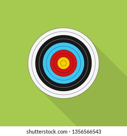 Archery target with long shadow on green background, flat design style