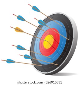 Archery target and many arrows white background illustration vector sport background.