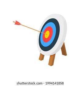 Archery target ring with arrow hitting bullseye. Dartboard on tripod. Goal achieving idea. Business success strategy symbol. Efficiency and accuracy concept. Vector cartoon illustration.