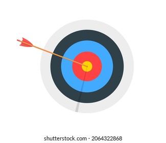 Archery target ring with arrow hitting bullseye. Round shaped dartboard front view. Goal achieving concept. Business success strategy symbol. Vector cartoon illustration.