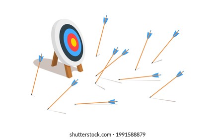 Archery target ring with many missed arrows. Business goal failure symbol. Mistake strategy concept. Vector cartoon illustration.