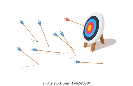 Archery target ring with one hitting and many missed arrows. Dartboard on tripod. Goal achieving idea. Business success and failure symbol. Efficiency and accuracy concept. Vector cartoon illustration