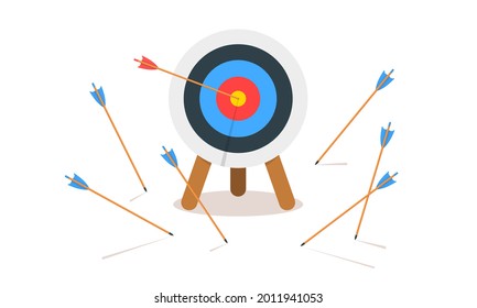 Archery target ring with one hitting and many missed arrows. Dartboard on tripod isolated on white background. Business success and failure symbol. Goal achieving concept. Vector cartoon illustration.