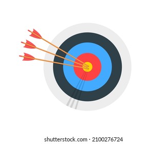 Archery target ring with three arrows hitting bullseye. Round shaped dartboard front view. Goal achieving concept. Business success strategy symbol. Vector cartoon illustration.